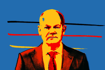 An illustration of the German chancellor in front of the colors of the German flag