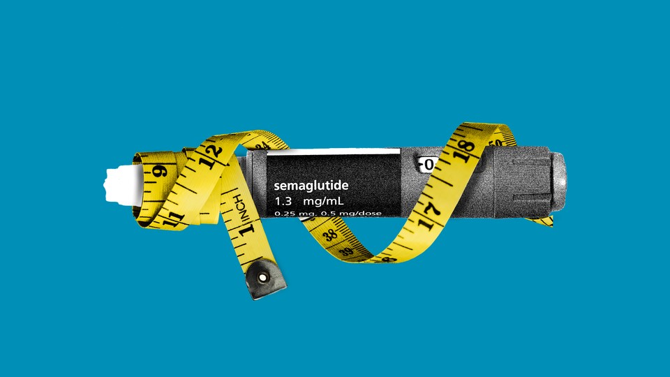 An illustration of a semaglutide pen with a tape measure around it