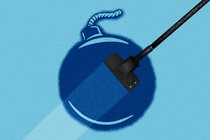 Illustration of bomb being vacuumed over blue background.
