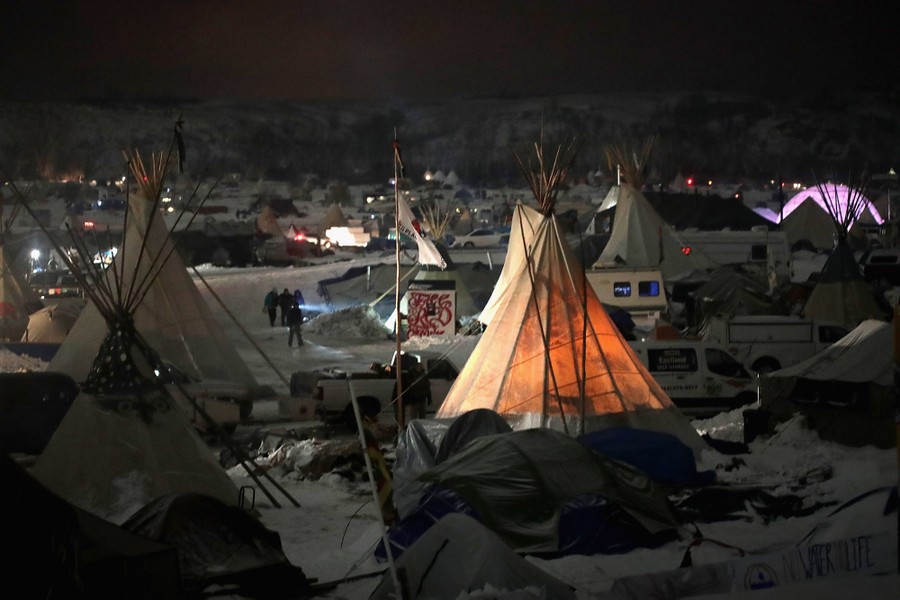 Night falls on the Oceti Sakowin Camp on December 1, 2016.