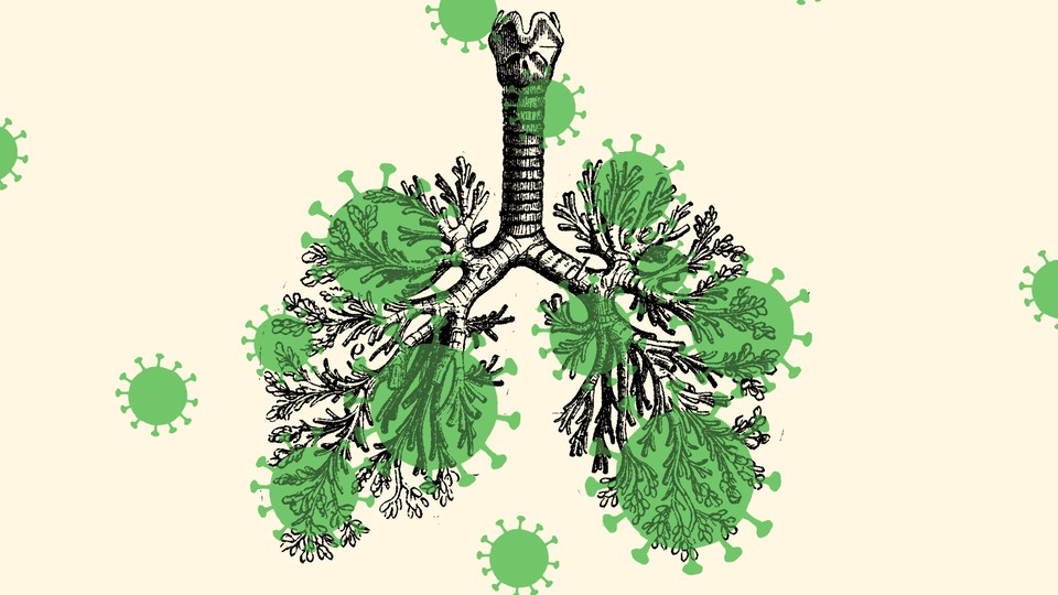 a lung overlaid with silhouettes of the coronavirus