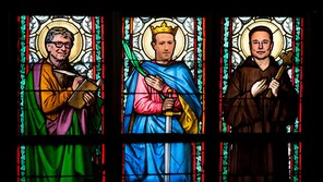 Illustration of Bill Gates, Mark Zuckerberg, and Elon Musk as stained glass saints.