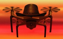 A drone wearing a cowboy hat hovers against a red sky.