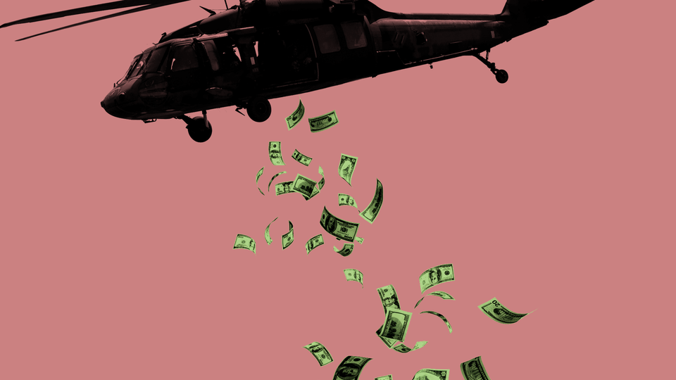 An illustration of dollar bills falling from a helicopter.