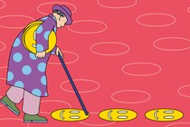 An illustration of an elderly man with a walking stick stepping on smiley-face circles
