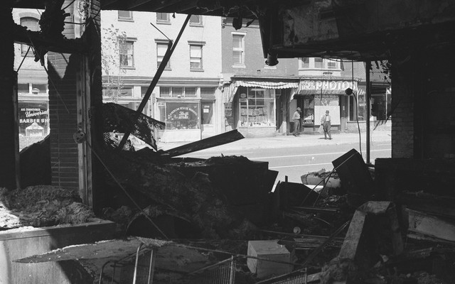 A vandalized storefront