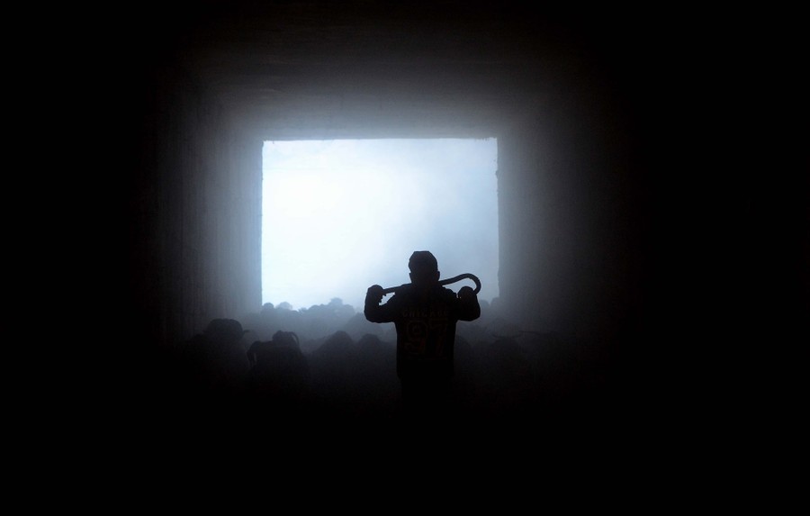 A shepherd and flock walk through a tunnel.