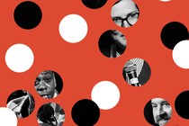 Illustration of dots revealing black-and-white photos of Hannah Gadsby, Dave Chappelle, and Louis C.K. along with solid black and white dots on red background