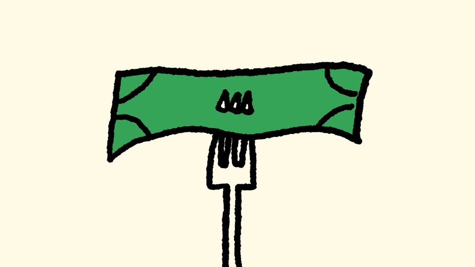 An illustration of a fork puncturing a dollar bill