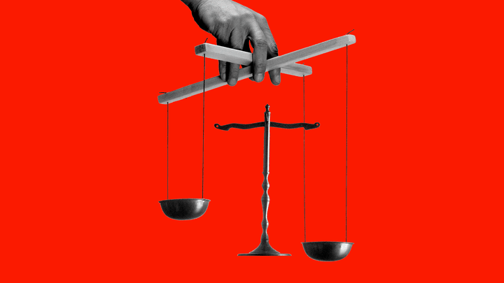 An illustration of the scales of justice transformed into a marionette