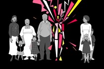 An illustration of a split family with a sister distorted into abstract chaos