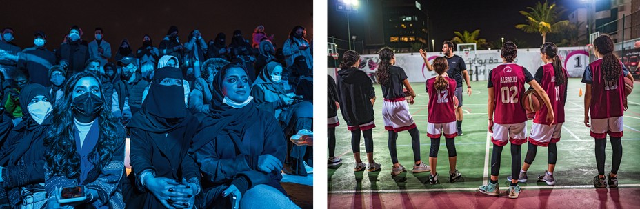 2 photos: women in variety of dress + some without hijab in blue light from concert; seen from behind, girls in red/white basketball uniforms face a male coach on a green court