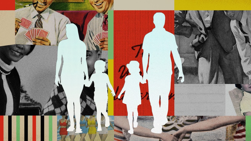 A collage of vintage photos of smiling adults, with the empty silhouettes of two parents and two kids superimposed over them
