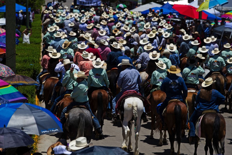 Dozens of people wearing cowboy hats ride horses together down a street.
