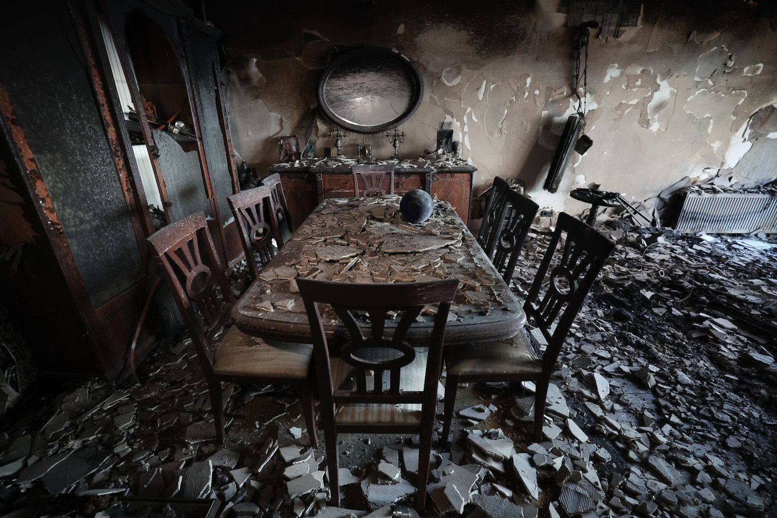 The charred remains of a dining room