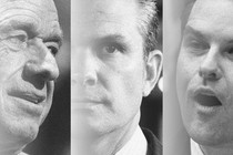 Three black and white photos spliced together of Robert F. Kennedy Jr., Pete Hegseth, and Matt Gaetz