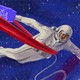 An illustration of an astronaut in a spacesuit crossing a finish line, with a foam finger in hand