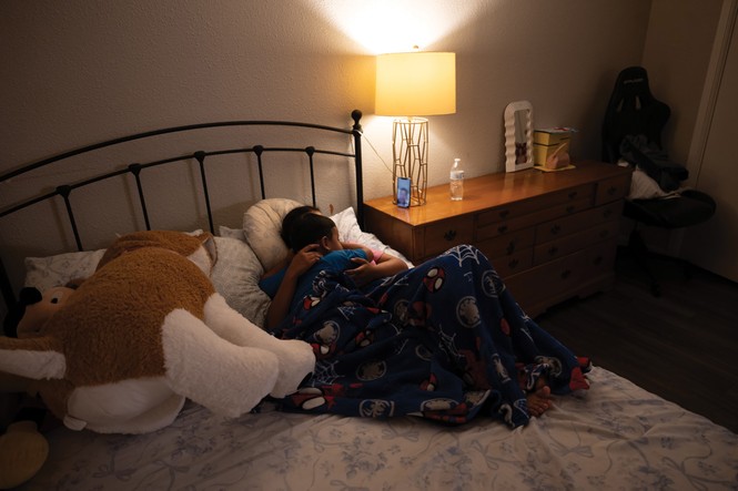 photo large bed and stuffed animals with two children hugging and facing a phone propped up for a video call