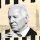 Black and white photo of Joe Biden with clasped hands between ripped black paper that look like jail bars.