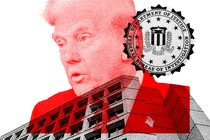 An image of Trump superimposed over an image of one of the FBI headquarters, overlaid with the seal of the Department of Justice