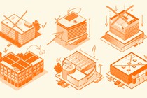 Six mockups of different building plans and designs