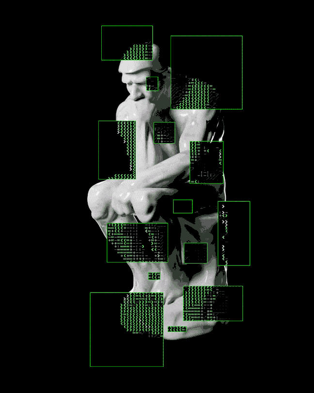 A rotating statue in the position of a man thinking