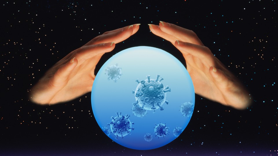 Two hands around a crystal ball with viruses inside it