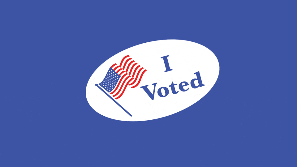 Animated gif of a quaking "I voted" sticker on a blue background