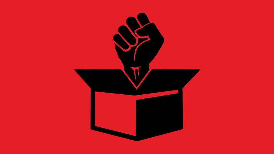 An illustration of a black fist breaking out of a box, against a red background