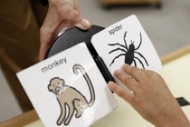 A child's hand hovers over a cartoon of a spider and a monkey.