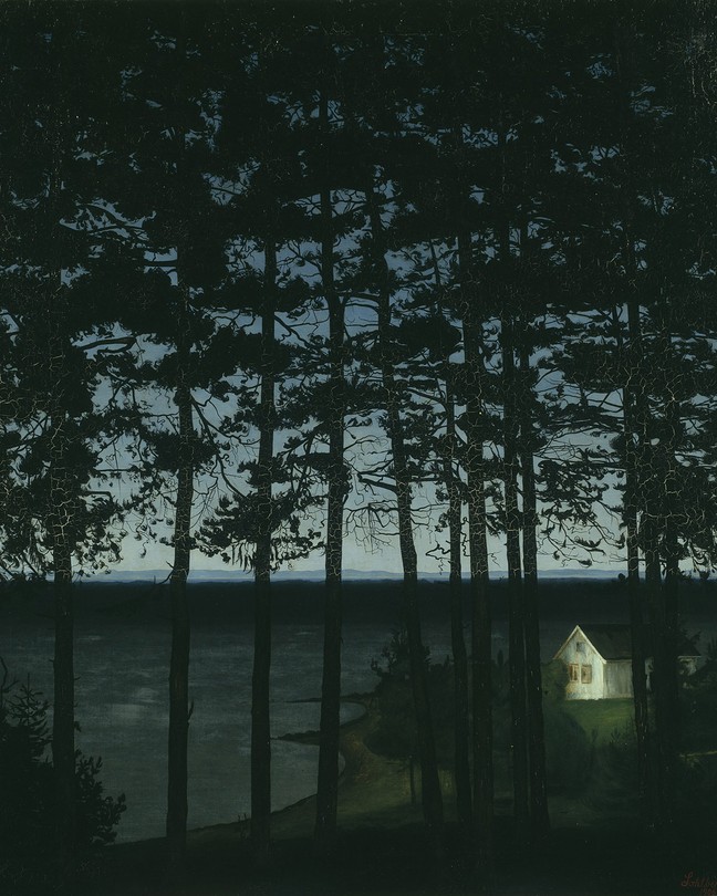 A painting of a cabin on a lake in the dark