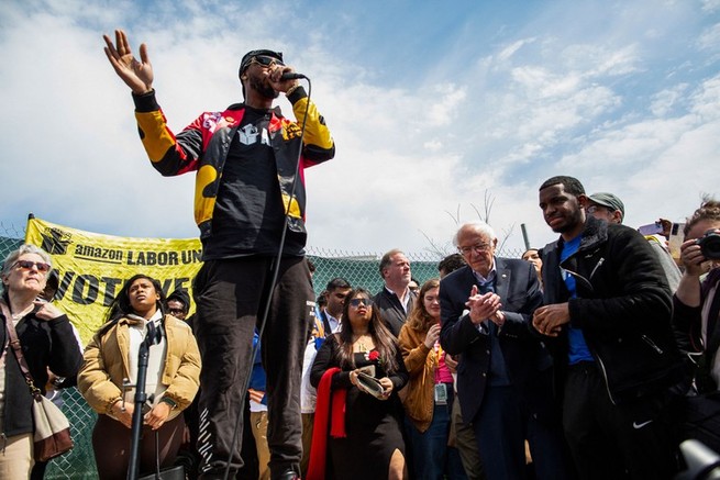 Christian Smalls leading a rally for the Amazon Labor Union with Bernie Sanders