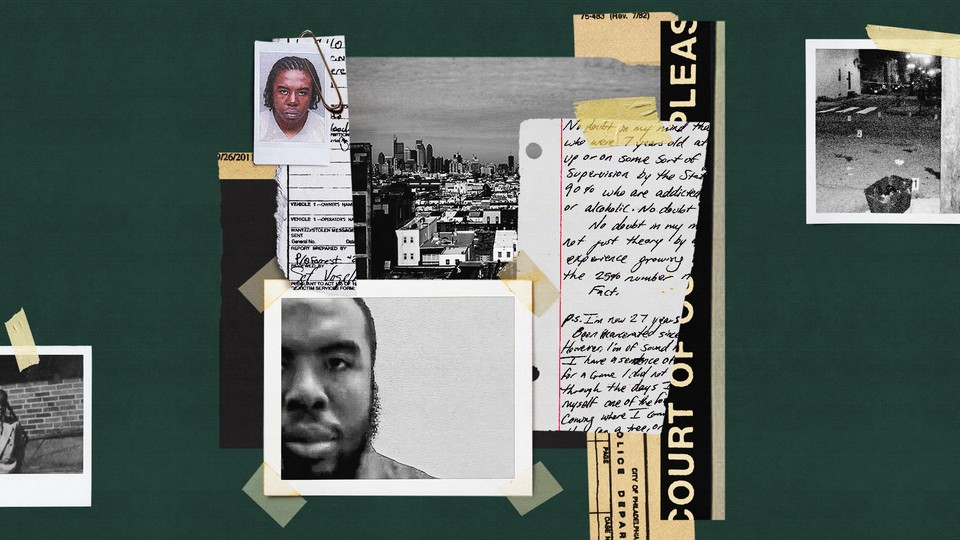 A collage of photos of C. J. Rice, police documents, Rice's letters, and crime-scene photos taped to a dark-green background
