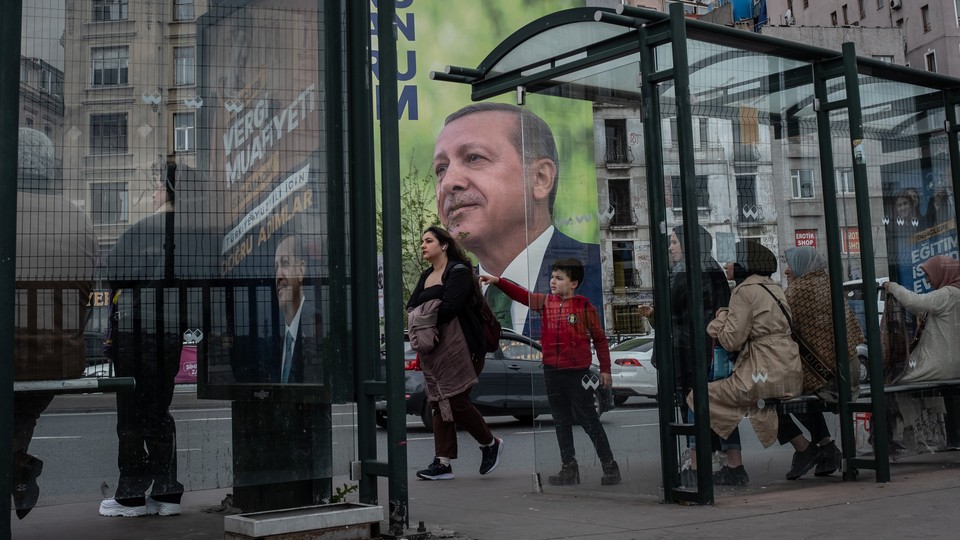 A photo of a poster of Turkey's President Recep Tayyip Erdoğan in Istanbul