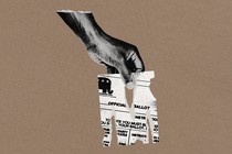 illustration of Black hand holding a shredded piece of paper marked "Official Ballot" with voting instructions on brown background