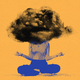 a young woman in a yoga pose with clouds cast over her head