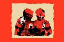 Cutout illustration of a couple on a red and white backdrop