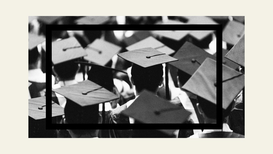 A black-and-white image of students wearing graduation caps