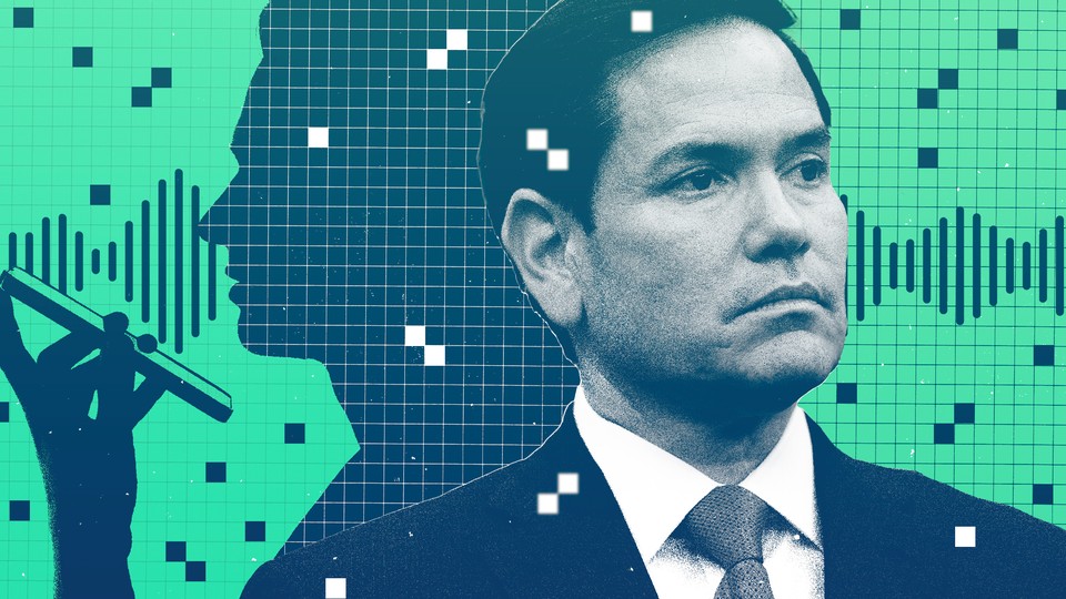 A photo of Marco Rubio superimposed over an illustration of somebody speaking on the phone