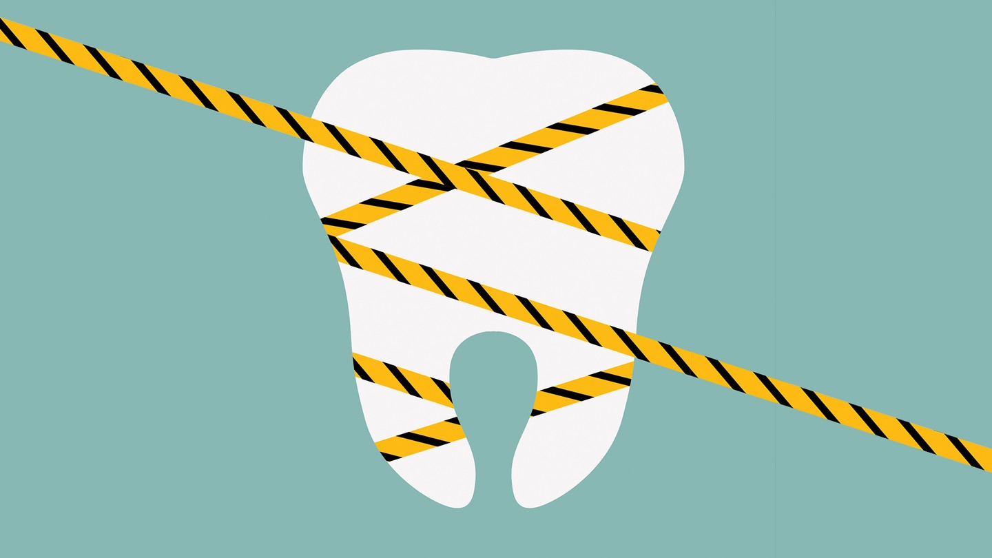 An illustration of a tooth wrapped in black and yellow barricade tape