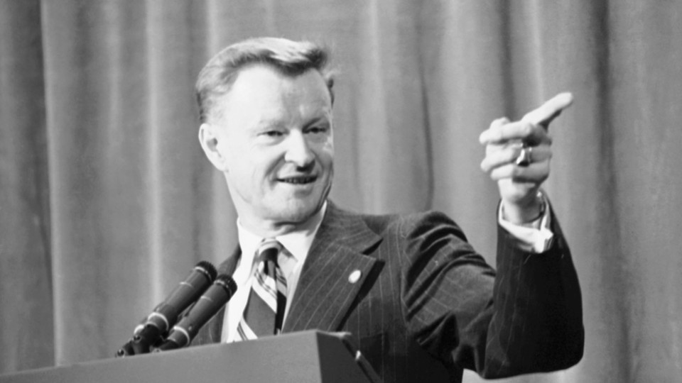 Zbigniew Brzezinski, then in his late 40s, briefs reporters on Middle East talks between President Carter and Syrian President Hafez Assad in Geneva, Switzerland on May 9, 1977. He died yesterday at age 89.
