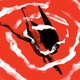 image of falling angel on red background surrounded by painted white spiral