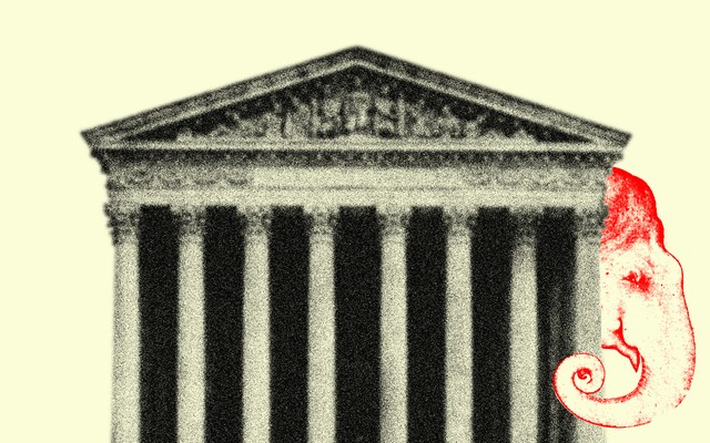 Illustration of the Supreme Court with an image of an elephant representing the Republican party peering out from behind the building