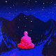 A man is seated in the mountains surrounded by a starry sky