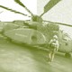 A man walks toward a helicopter