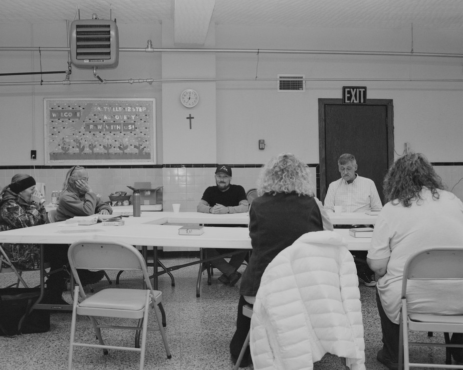 Picture of people gathering before a meeting of the Saltville 12 Step Recovery Group in the basement of Madam Russell Memorial United Methodist Church in Saltville, Virginia