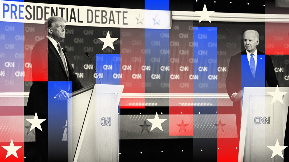Photo-illustration of Donald Trump and Joe Biden on the presidential-debate stage