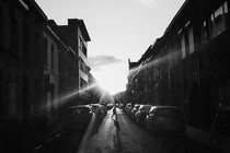 A black-and-white photo of a street in Mechelen, Belgium