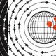 Black-and-white illustration of a globe that has three red dots on its upper-right side, surrounded by seven concentric circles of missiles in orbit.