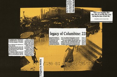 collage of newspaper clippings about Columbine Shooting and an image from the security footage